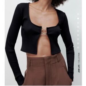 NWT Zara Ribbed Cropped Black Long Sleeve Crop Top Silver Clasp Cardigan